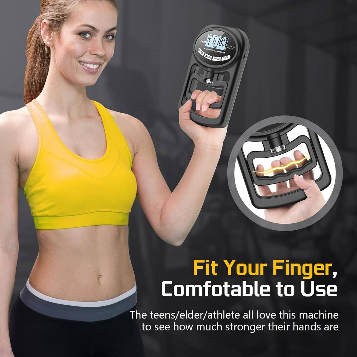 Black electronic hand grip dynamometer with LCD screen and finger-grip cradle.