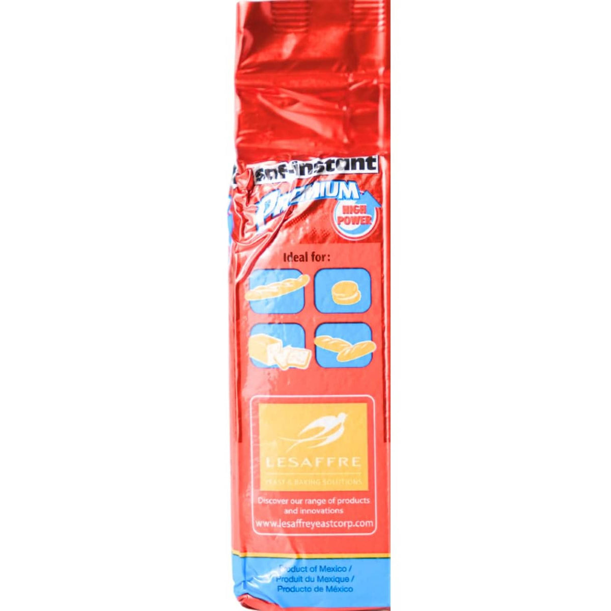 Red yeast pouch side with 'Ideal for' icons and Lesaffre branding panel
