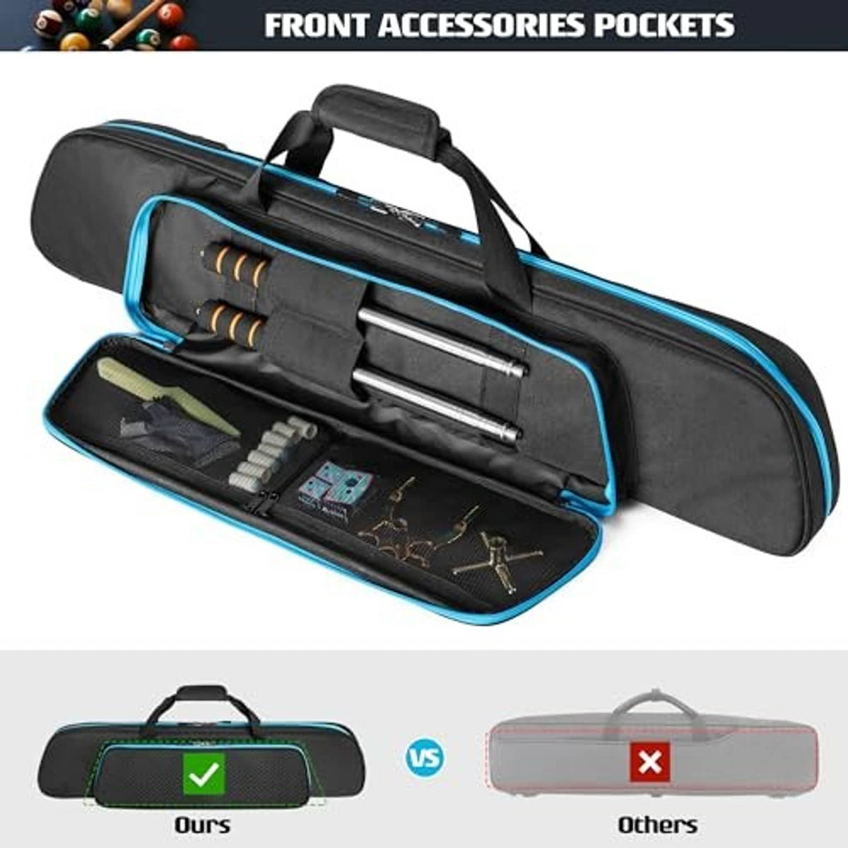 Soft pool cue case open with interior compartments for cues and accessories; black with blue piping.