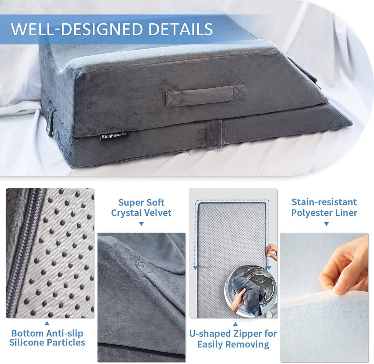 Adjustable leg elevation pillow with U-shaped zipper and anti-slip silicone base