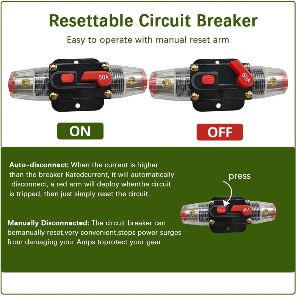 Resettable circuit breaker unit with red ON/OFF switch positions, black mount, clear housing