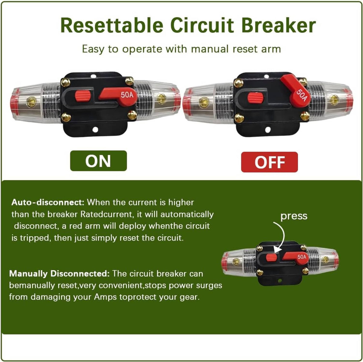 Resettable circuit breaker unit with red ON/OFF switch positions, black mount, clear housing