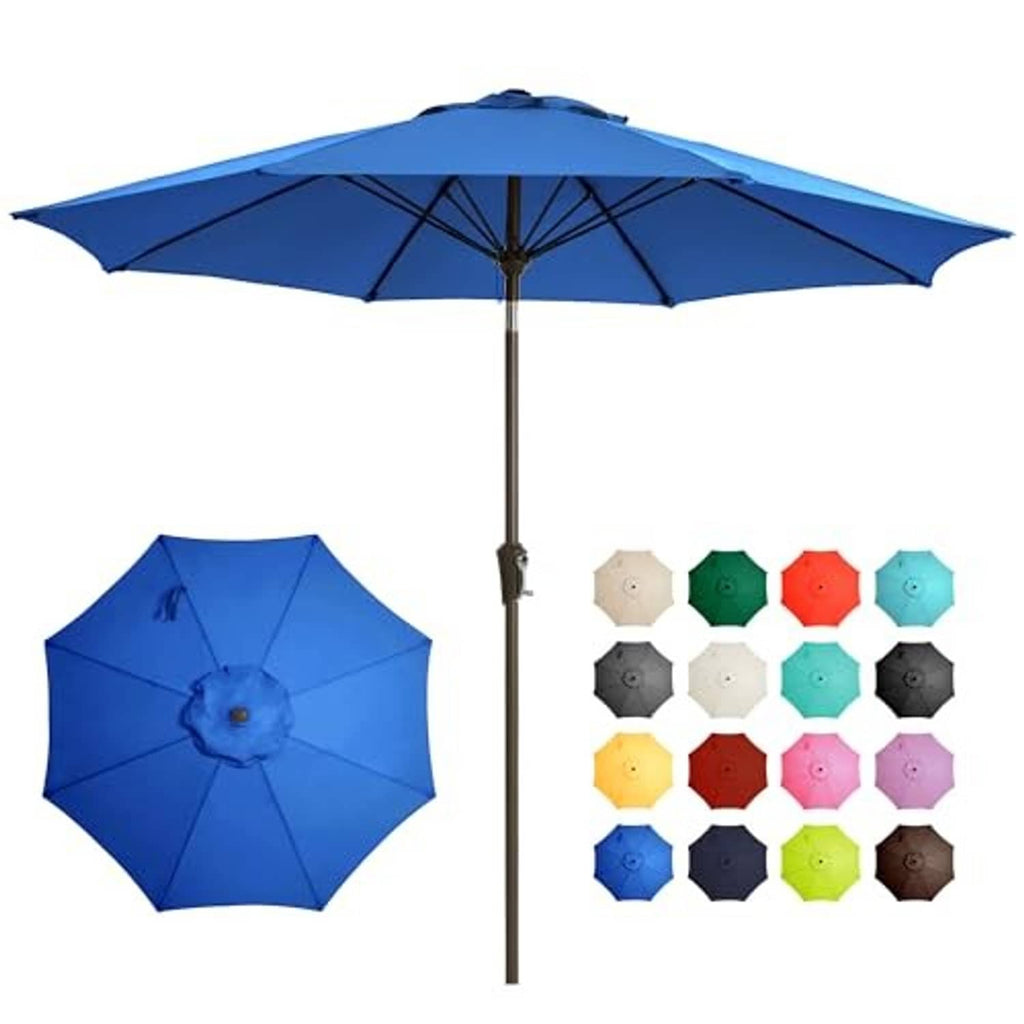 Blue outdoor patio umbrella open canopy with ribs and central pole
