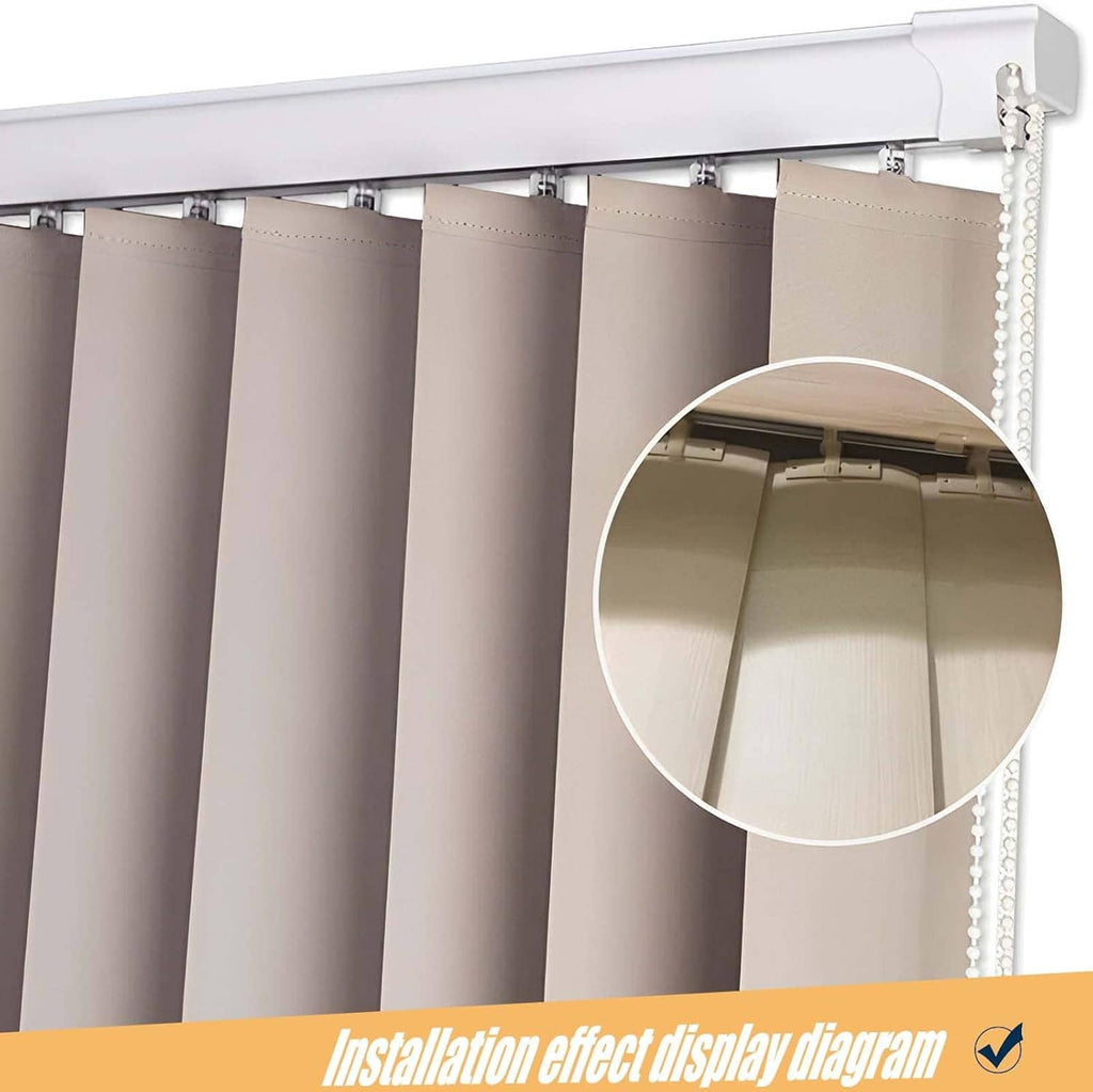 White vertical blind repair tabs installed on the headrail holding fabric vanes