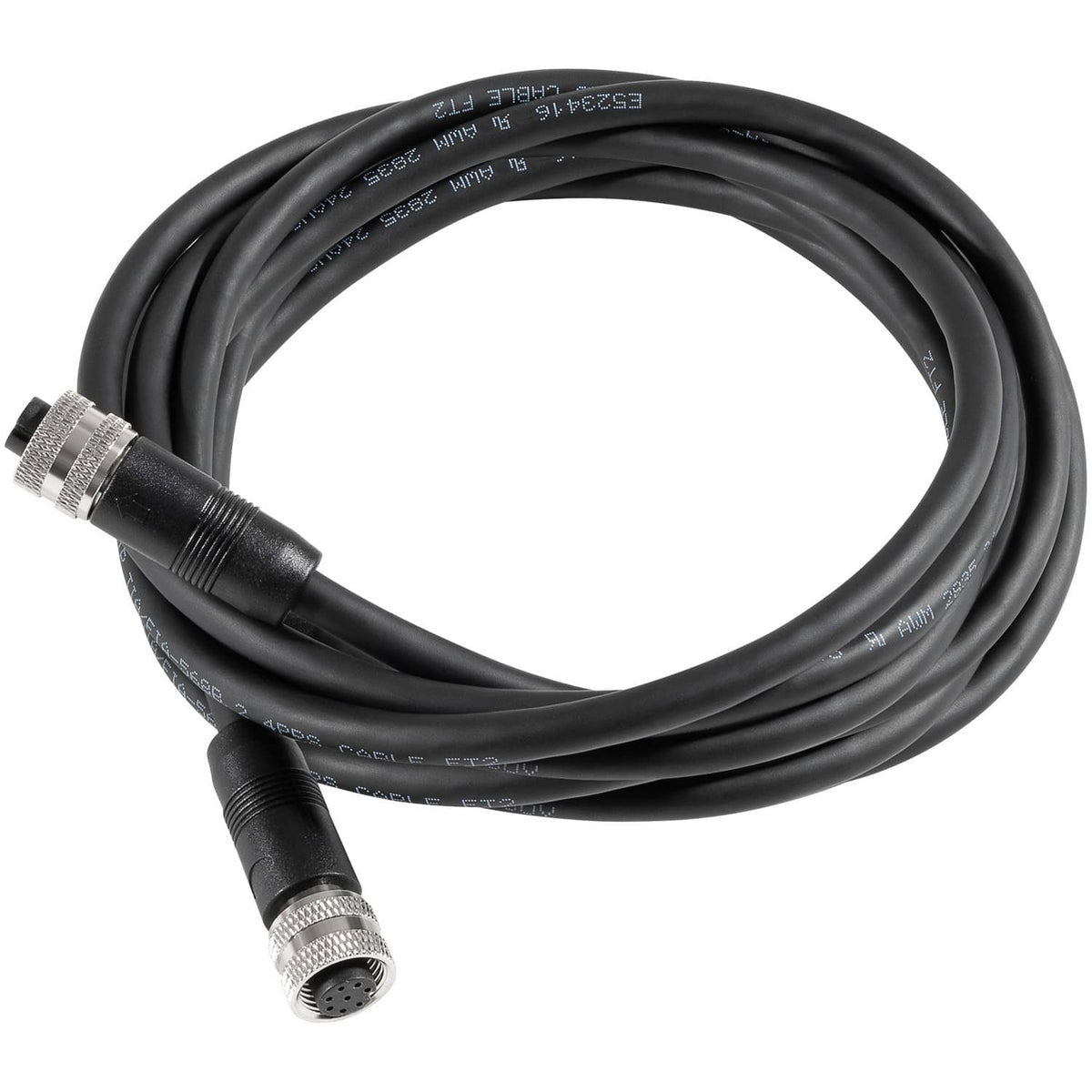 Coiled black Ethernet cable with metal 8-pin connectors, angled close view