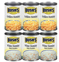 Bush's Best canned hominy variety: Golden Hominy and White Hominy, 6 cans shown