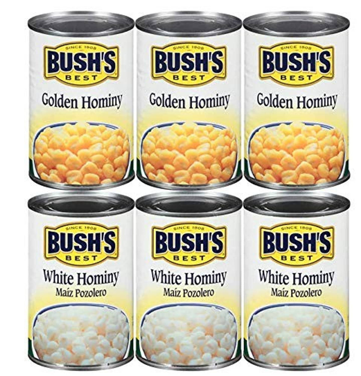 Bush's Best canned hominy variety: Golden Hominy and White Hominy, 6 cans shown