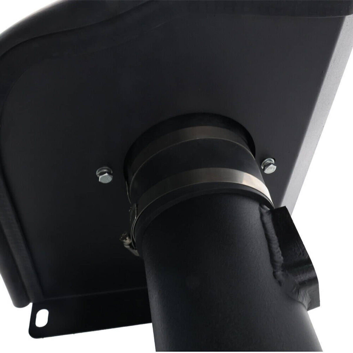 Cold air intake tube with black filter housing and mounting brackets