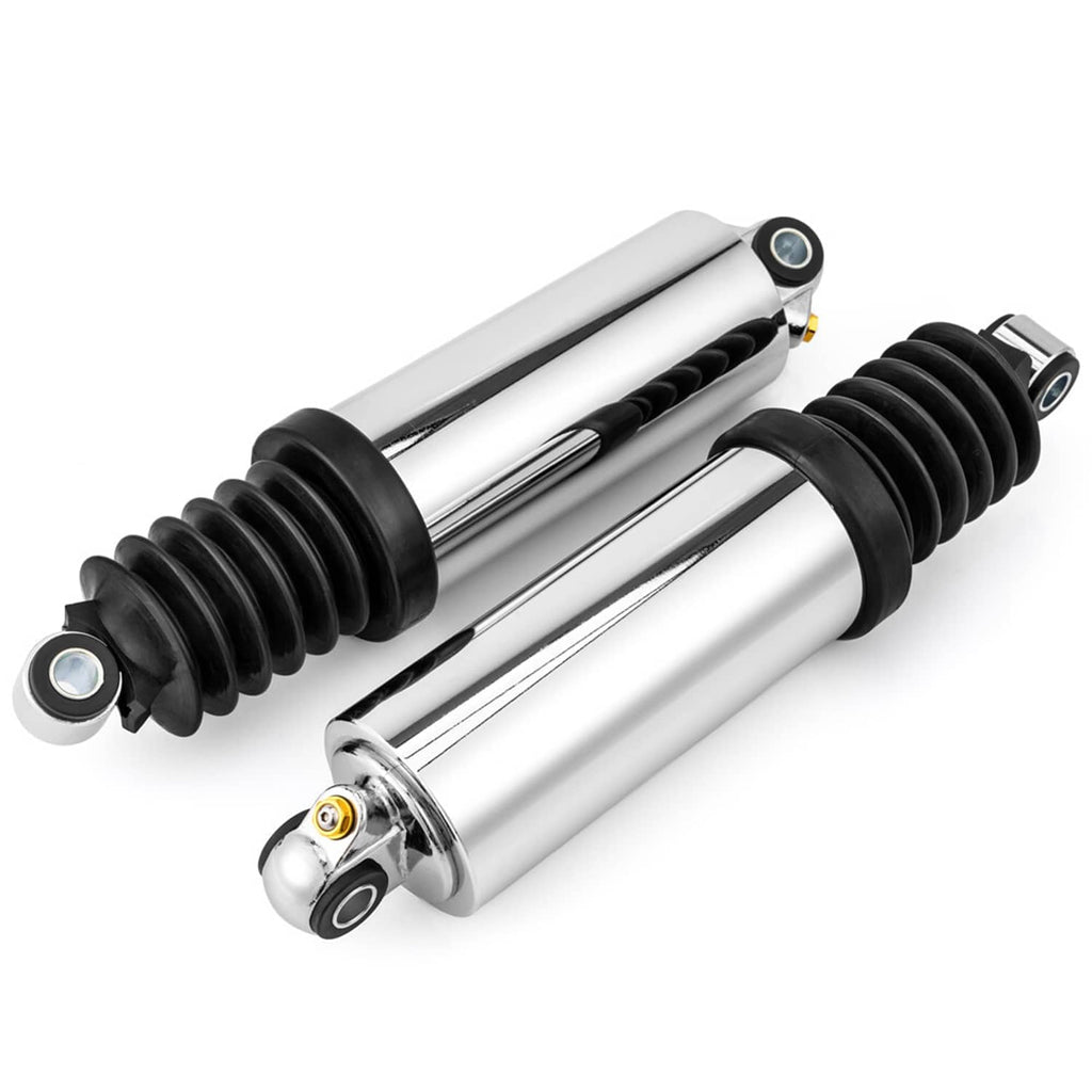 Pair of rear air shocks with chrome cylinders and black rubber bellows, round eye mounts