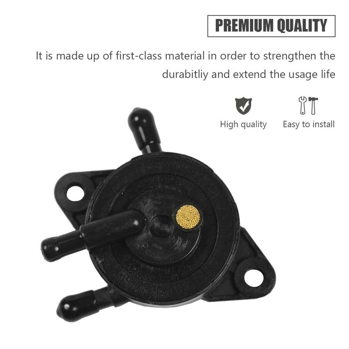 Black diaphragm fuel pump with two hoses and mounting holes