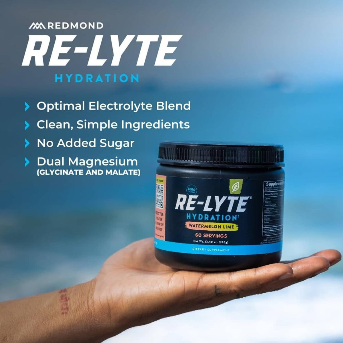 Redmond RE-LYTE hydration electrolyte drink mix jar in hand, Watermelon Lime