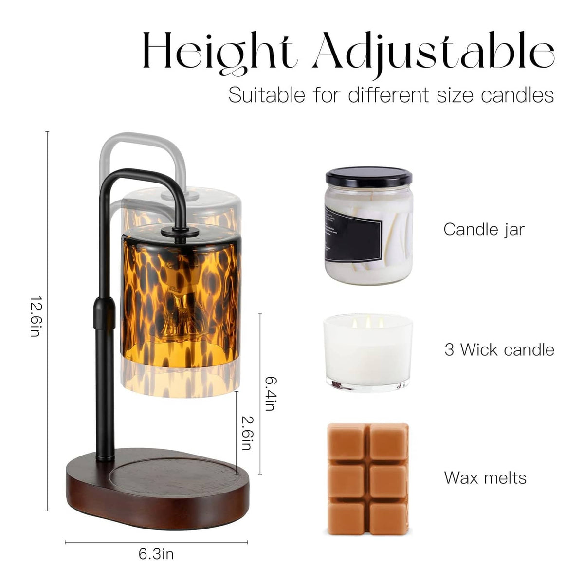 Height-adjustable candle warmer lamp with amber tortoise-shell glass and candle jar/melts