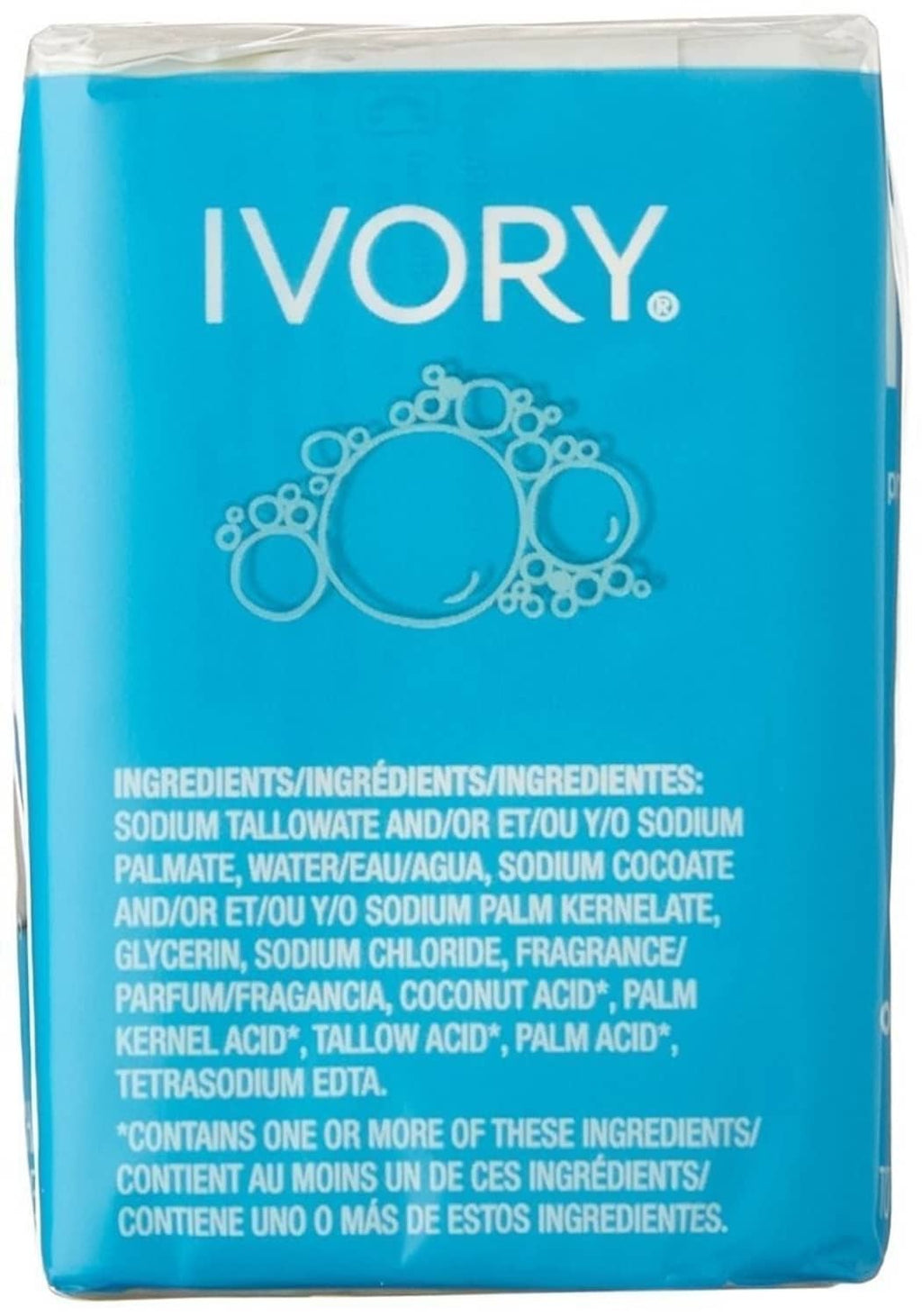 Ivory original bar soap, back side ingredient panel on wrapped bars