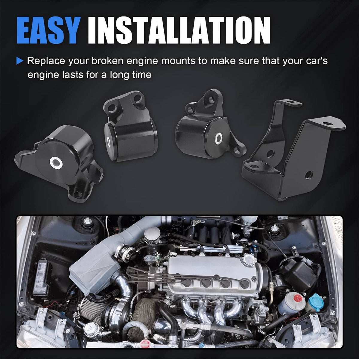 Black engine motor mount bracket kit with four brackets and cylindrical bushings