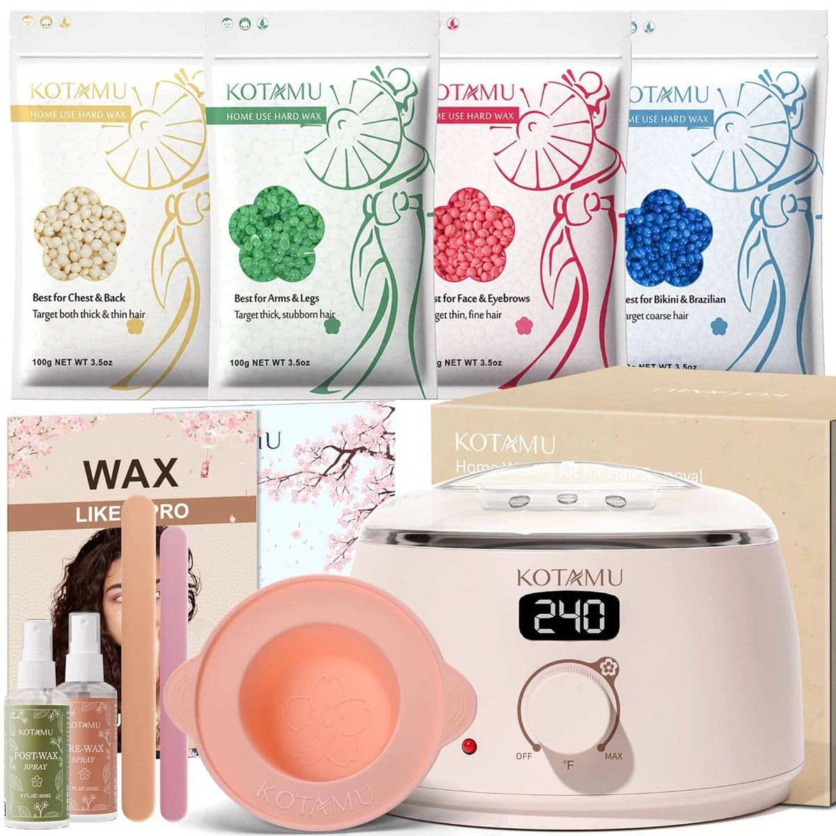 Waxing kit bundle with digital wax warmer, pink silicone pot, wax supplies, and oil bottles