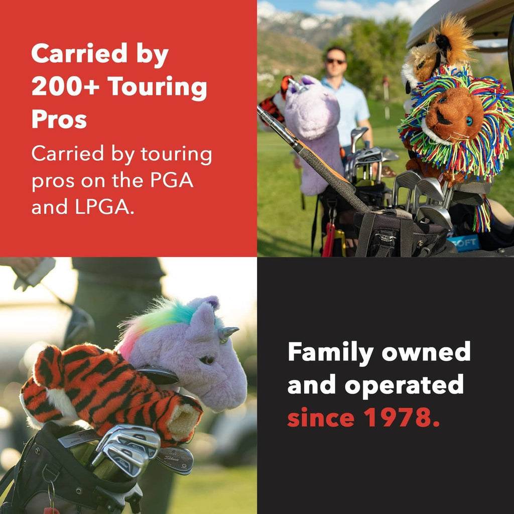 Animal plush golf driver headcovers on a golf cart, colorful designs