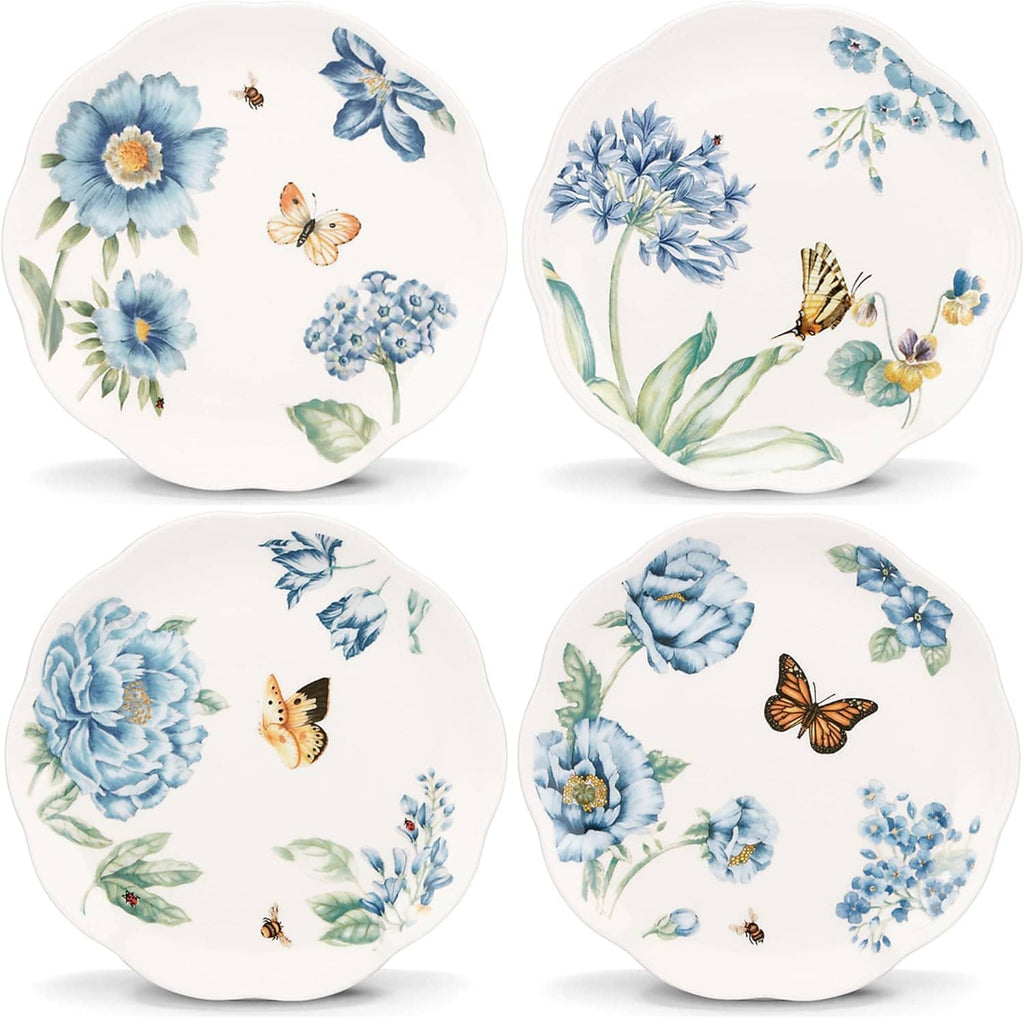 Four white dessert plates with blue floral motifs and butterflies, set of 4