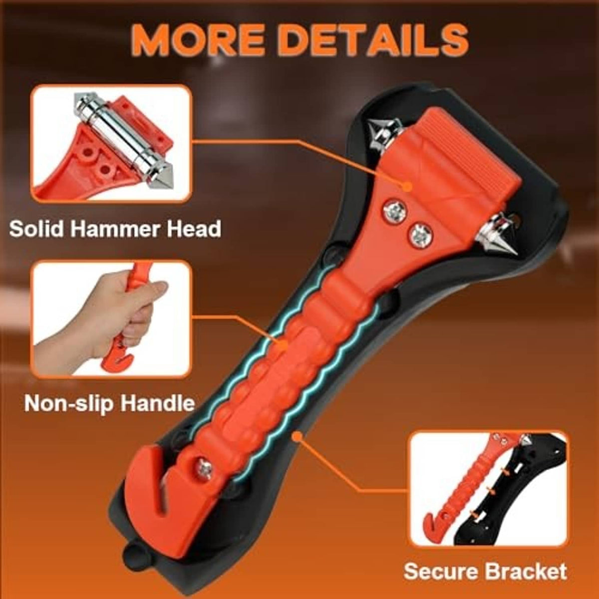 Emergency car safety hammer with solid metal head and non-slip grip