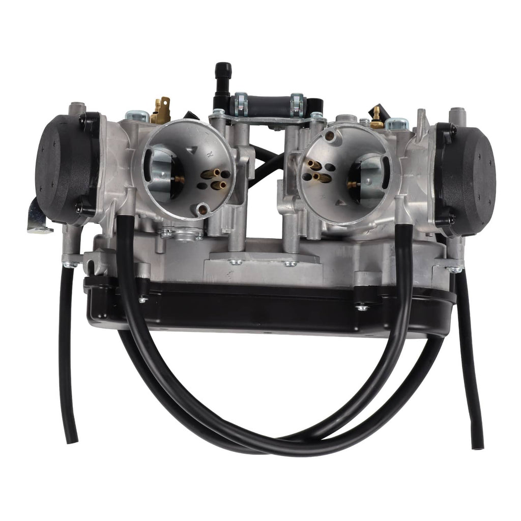 Dual carburetor assembly with two circular throttle bodies and black fuel hoses