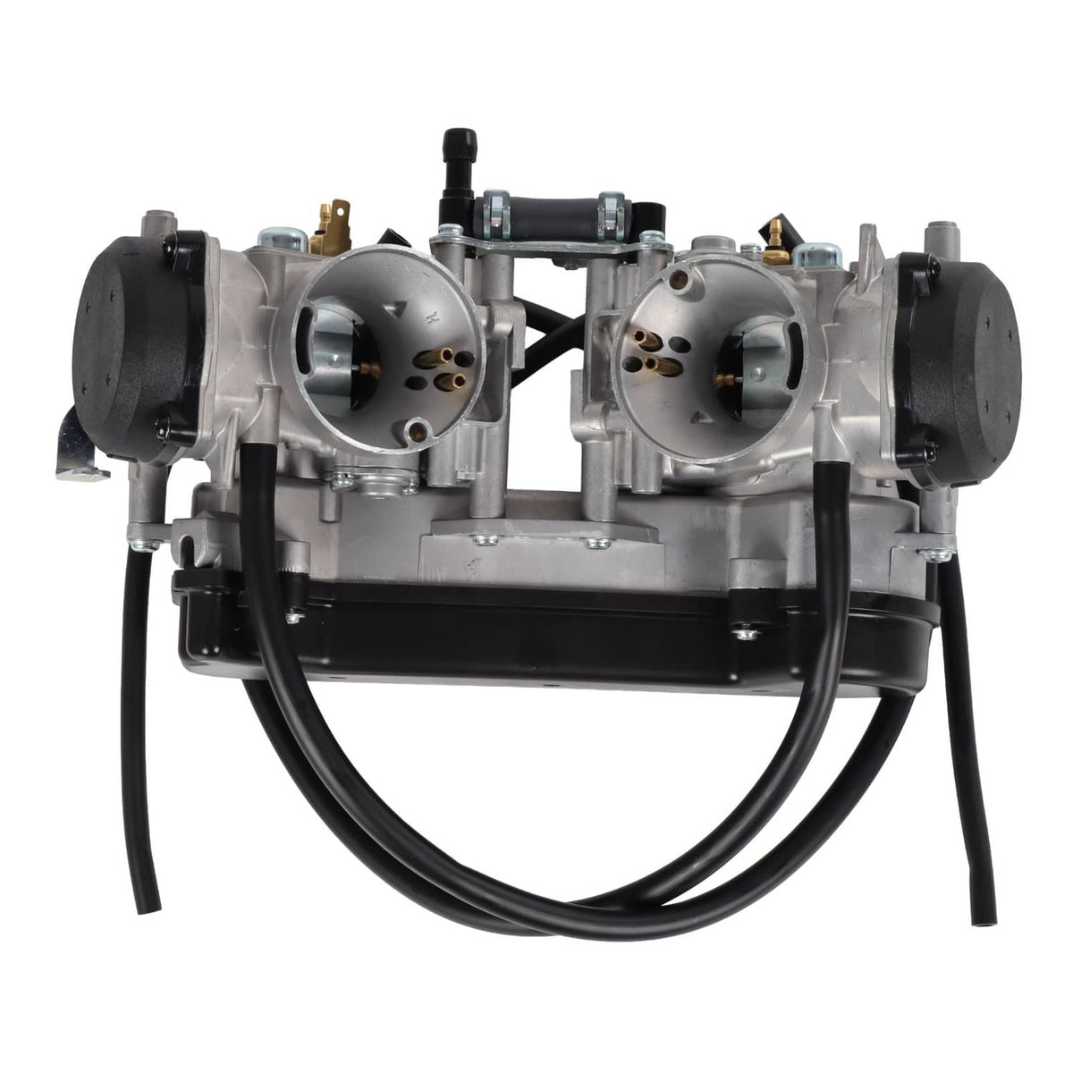 Dual carburetor assembly with two circular throttle bodies and black fuel hoses