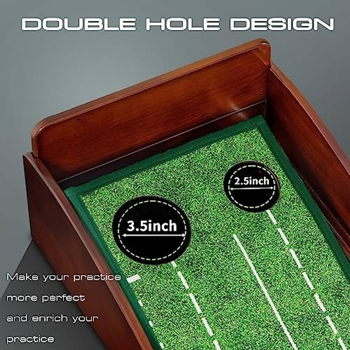 Compact putting green mat insert with two circular holes in dark wood frame