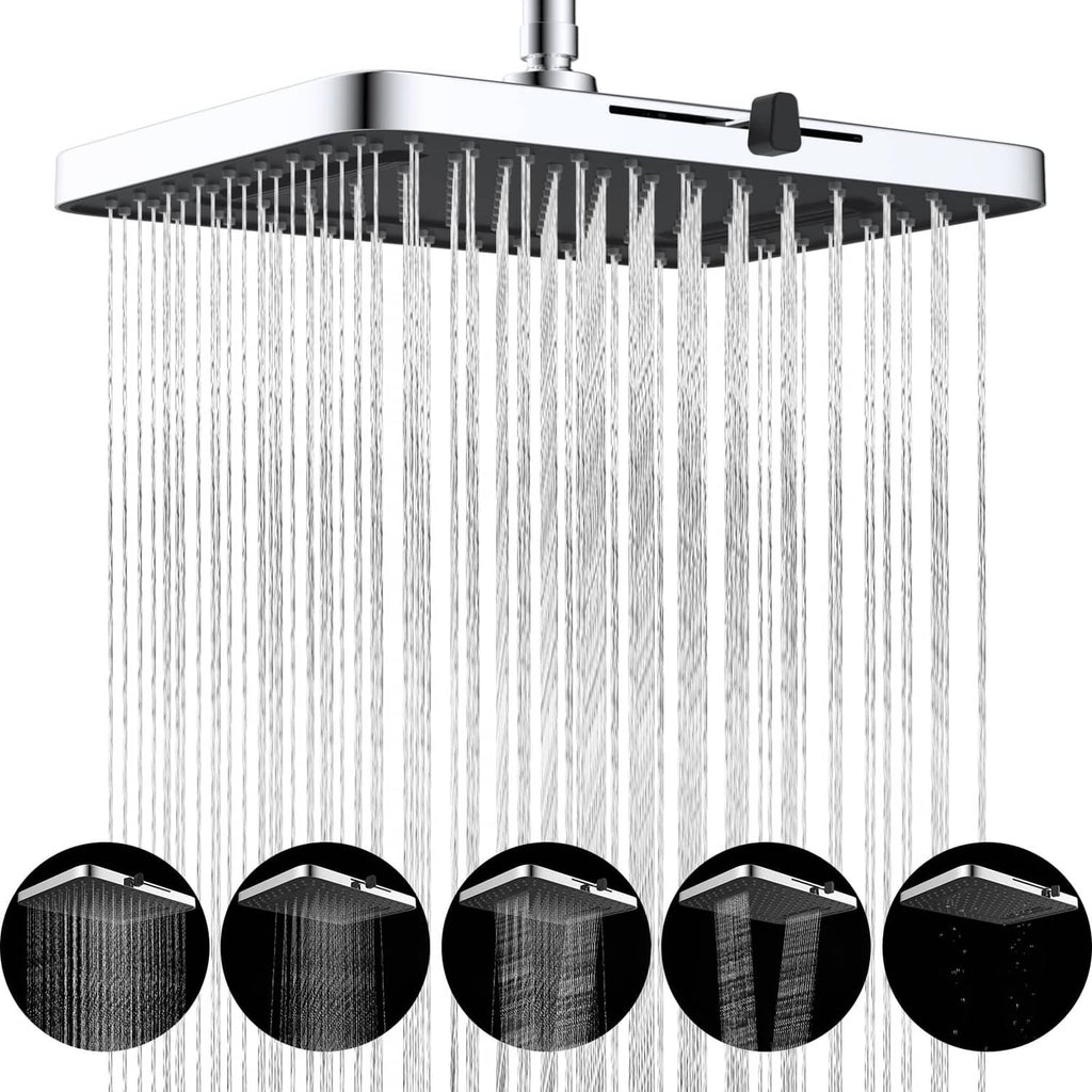 Chrome rainfall shower head with steady water spray and five spray settings