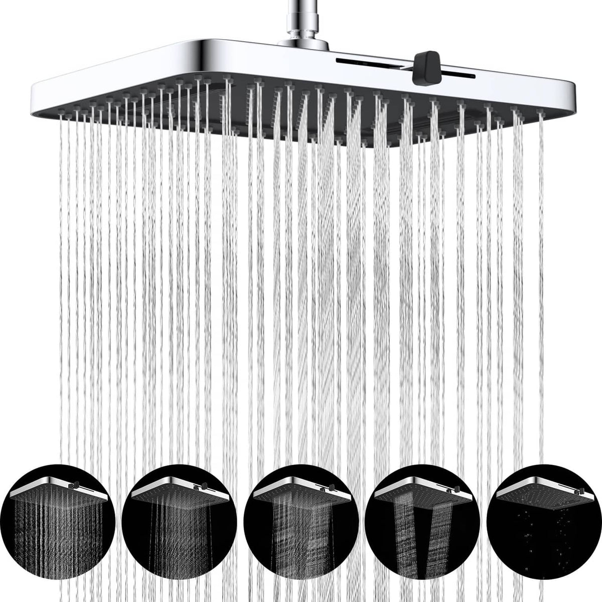 Chrome rainfall shower head with steady water spray and five spray settings