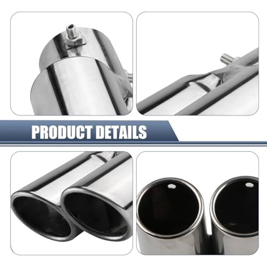 Dual-outlet stainless steel exhaust tip detail showing twin tubes and outlet rims