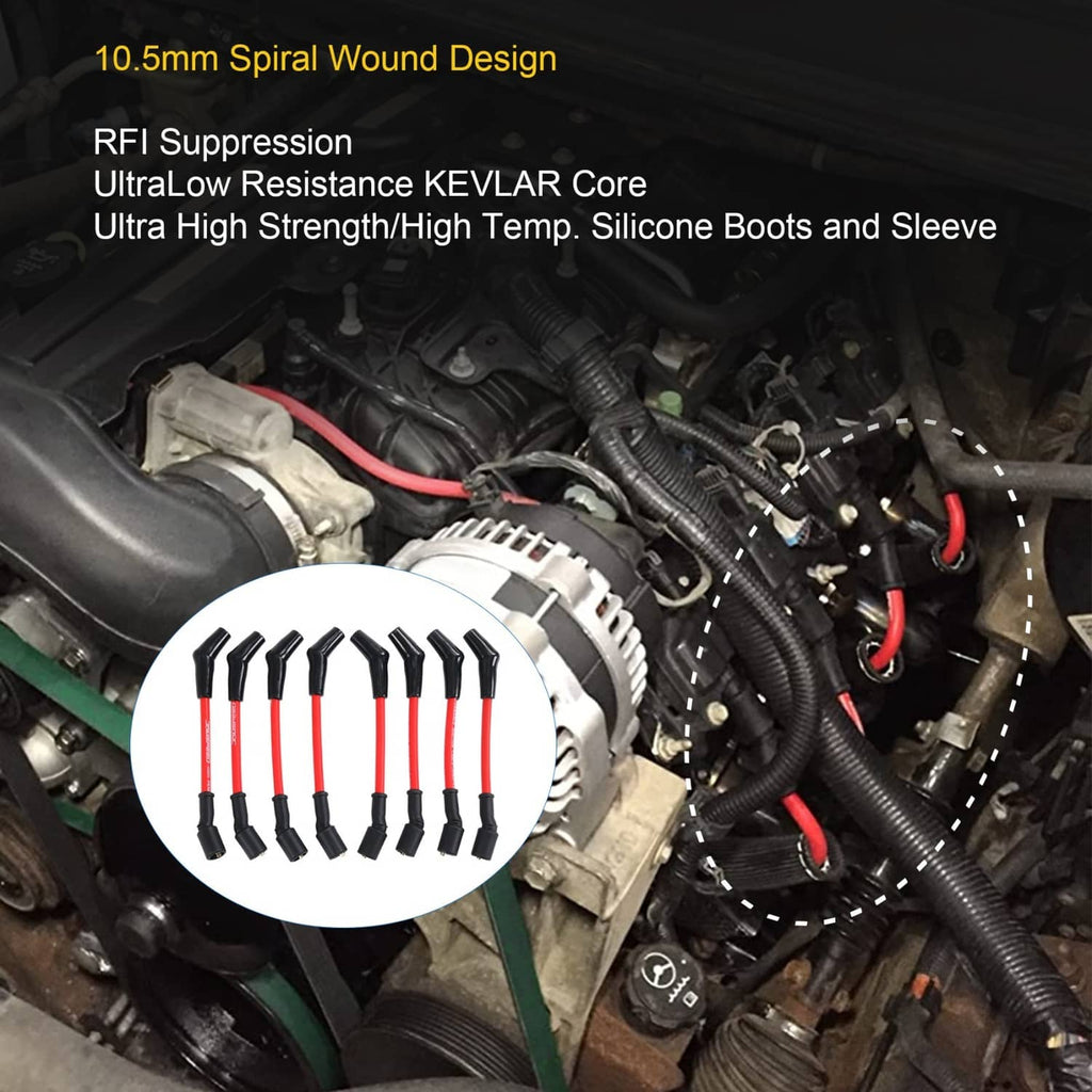 Spark plug wire set installed in engine bay, red cables with black connector boots