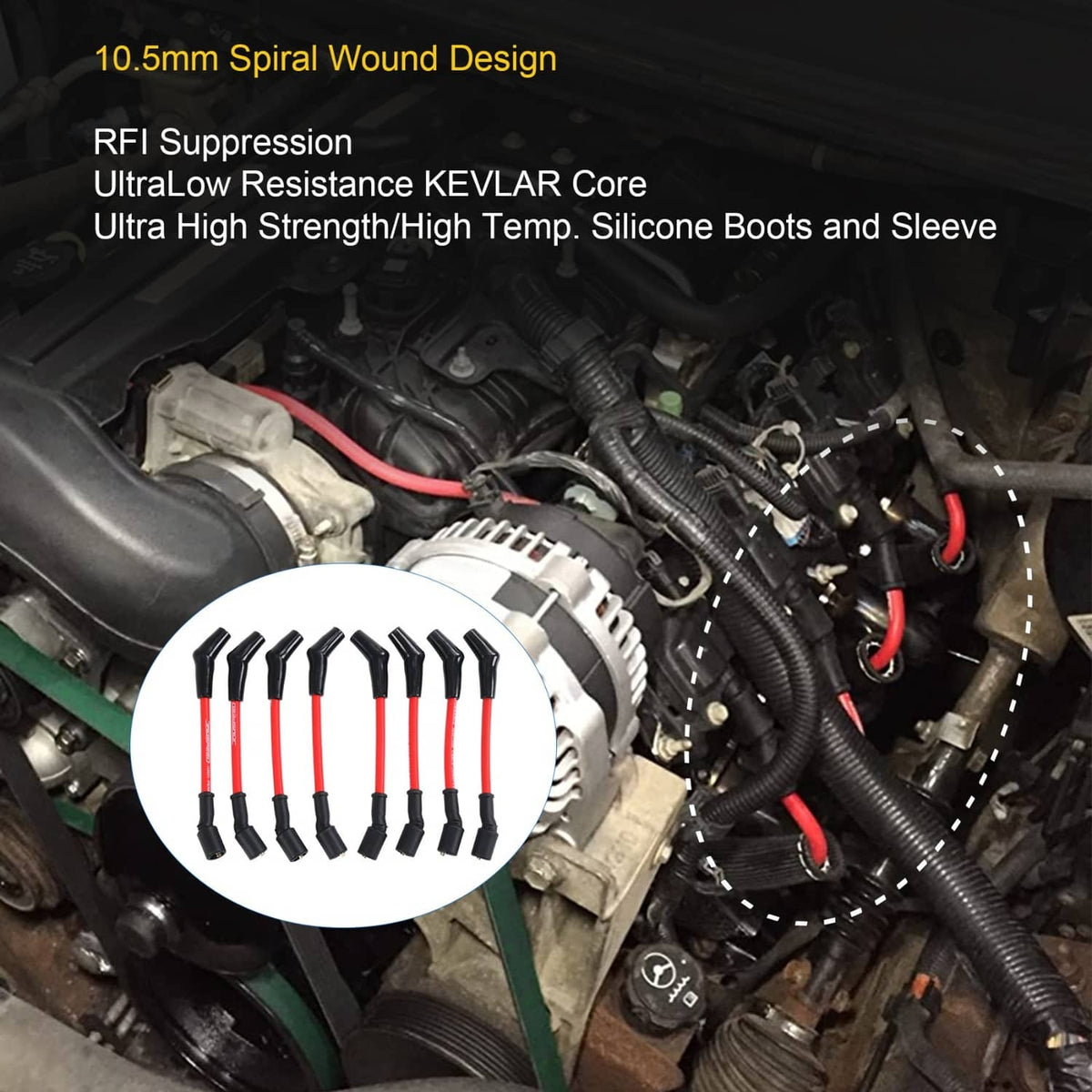 Spark plug wire set installed in engine bay, red cables with black connector boots