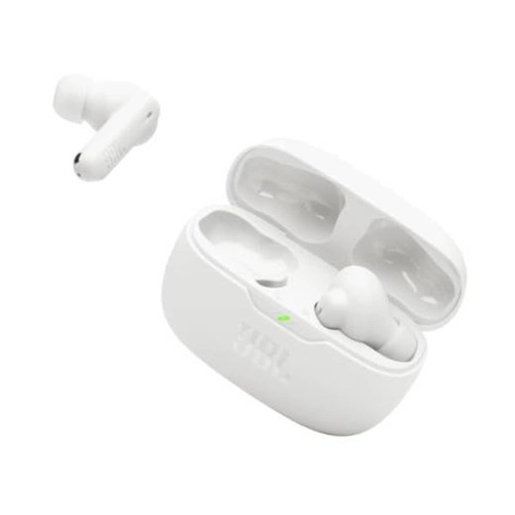 White noise-cancelling earbuds with open charging case, showing both earbuds