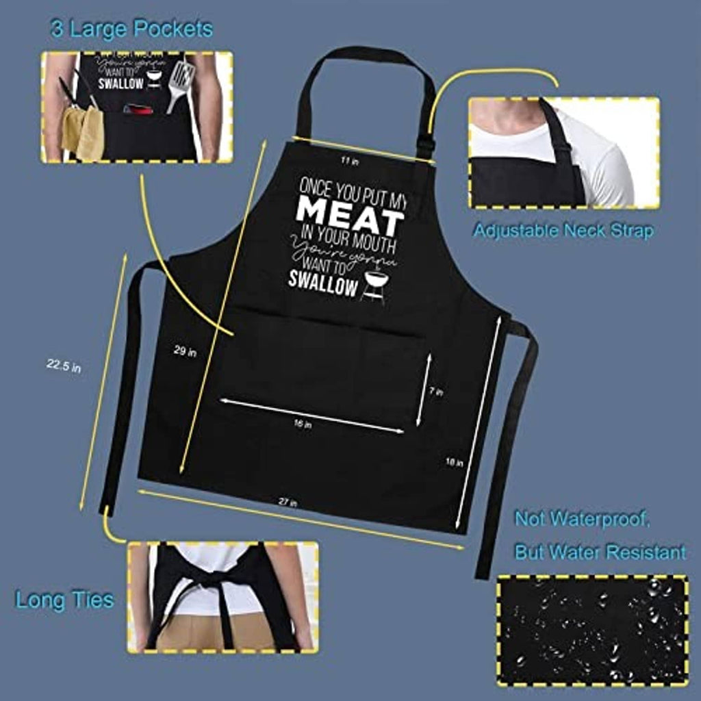 Black apron with adjustable neck strap, long ties, and three large front pockets.