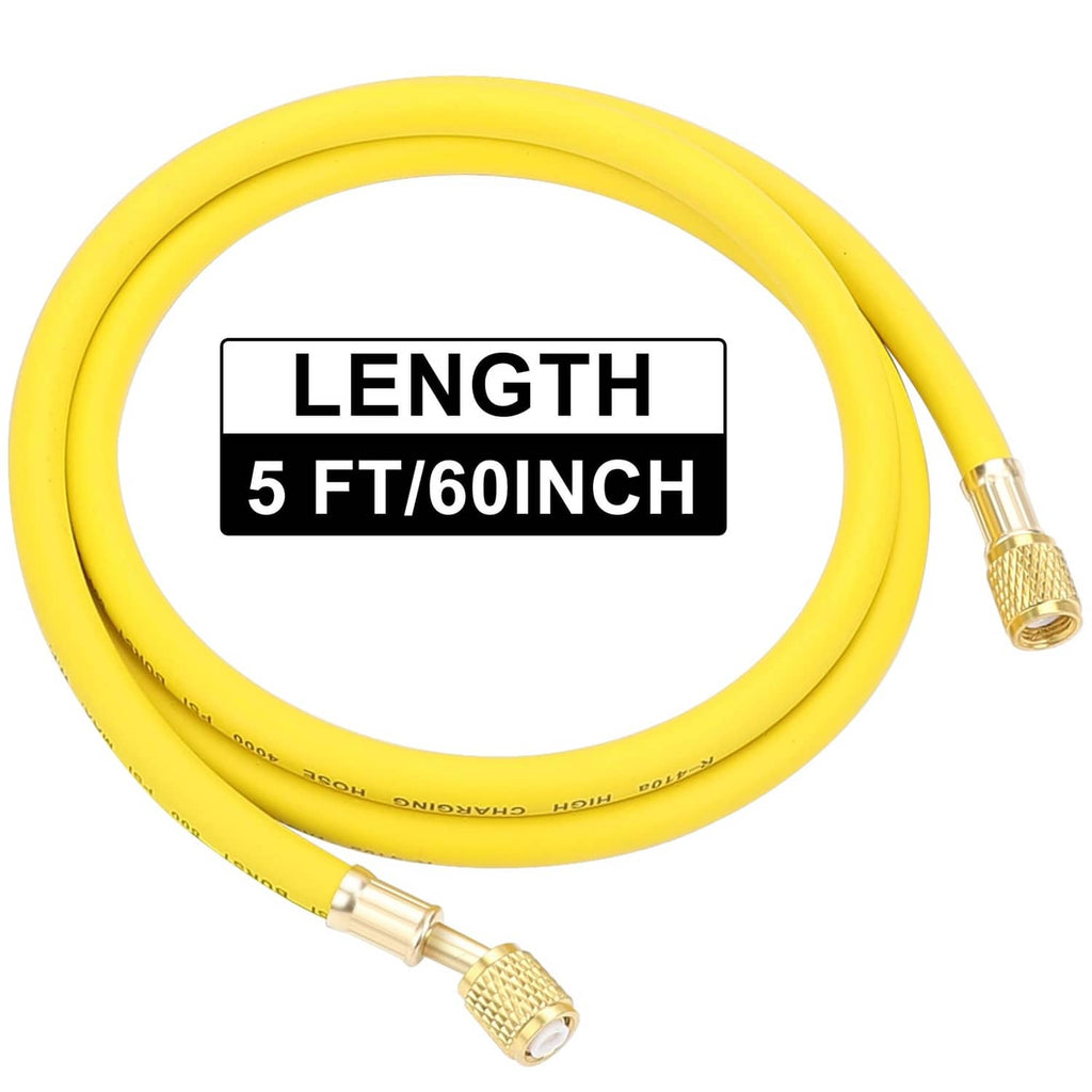 Yellow refrigerant charging hose with brass ends; 60 in length
