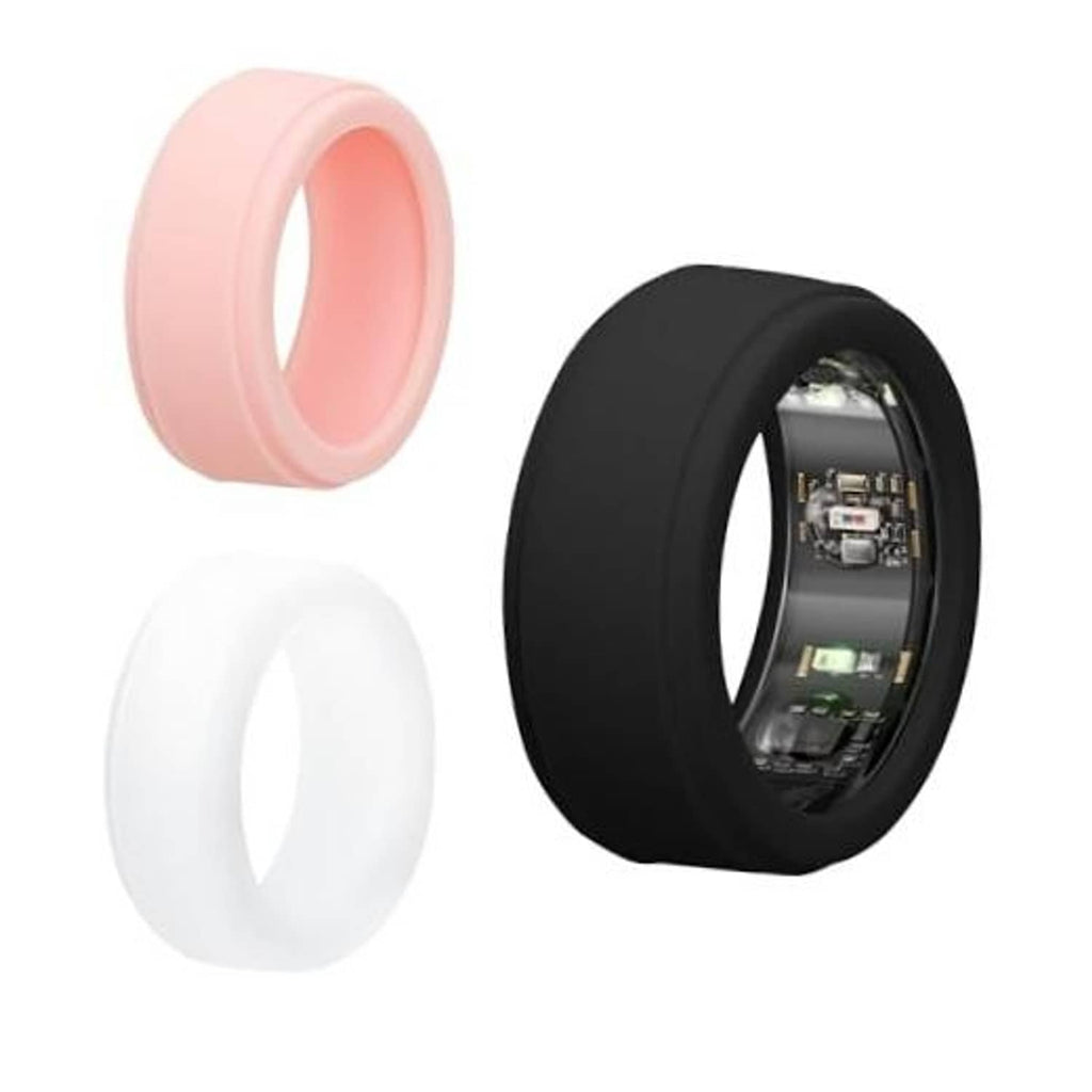 Silicone smart ring protective covers set: dusty pink, black, and white sleeves.