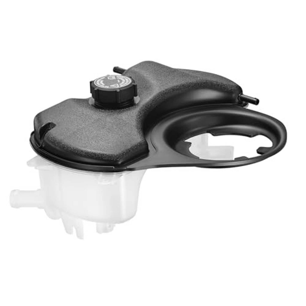 Engine coolant expansion overflow tank with black top cap and curved hose