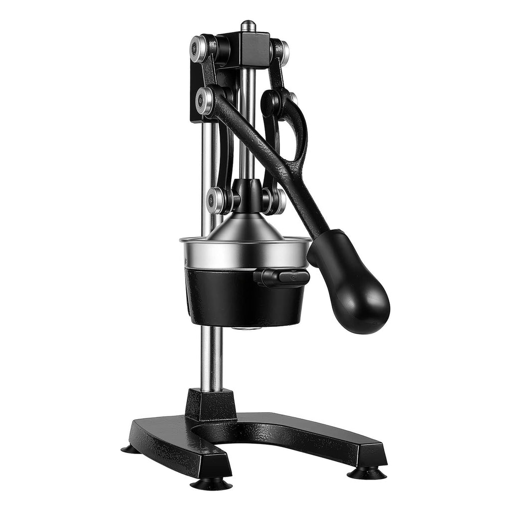 Manual citrus juicer press with black lever handle and stainless steel pressing cup