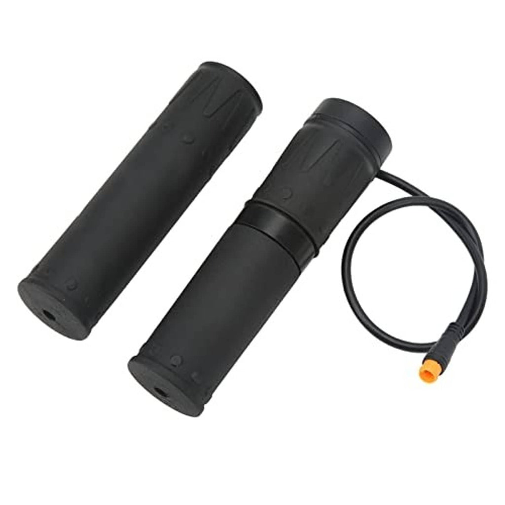 Motorcycle throttle grip sleeves in black rubber with split ring, plus connected cable and orange connector