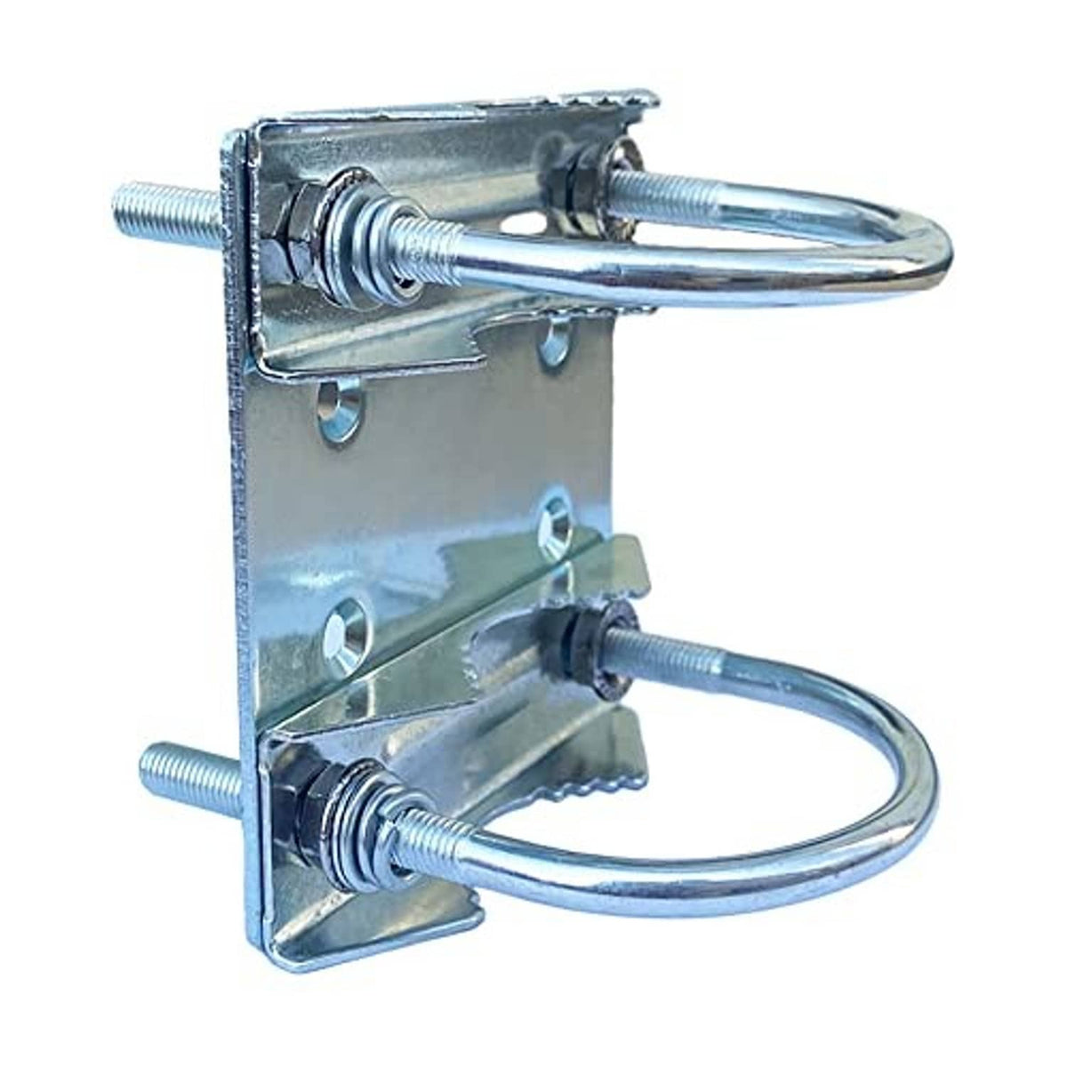 Starlink pipe adapter clamp bracket with U-bolts and threaded fasteners, chrome metal