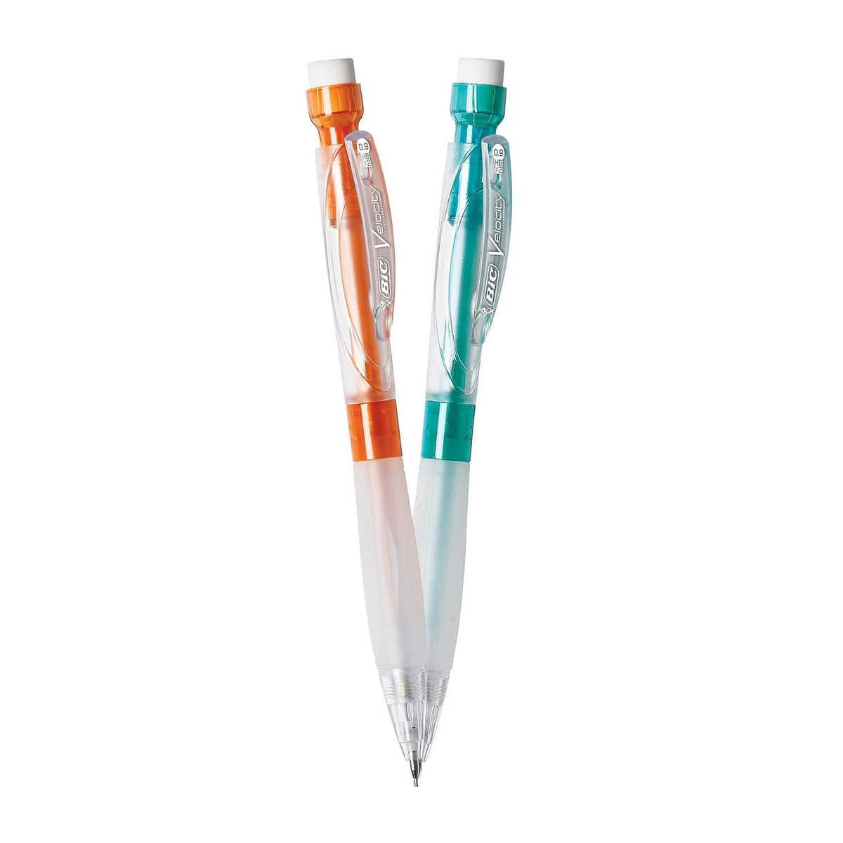 Velocity Max mechanical pencils, orange and green, clear barrels, pointed lead tips