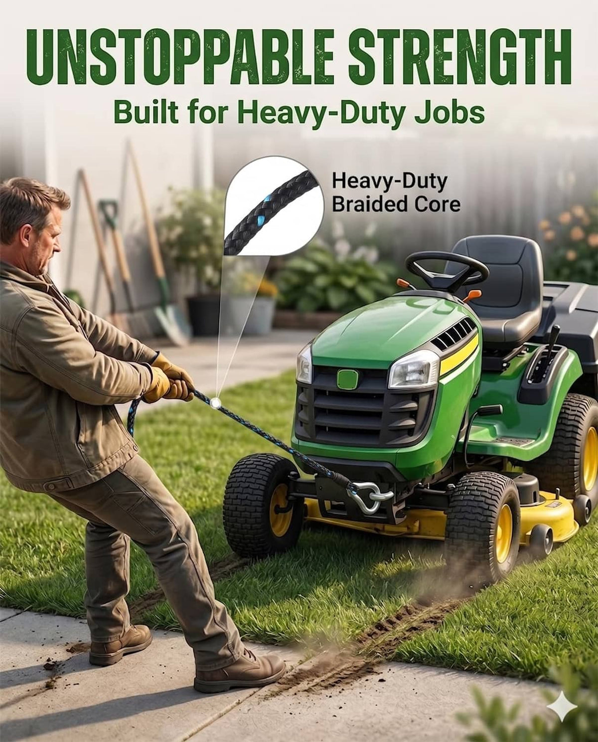 Starter pull cord rope being pulled for lawn equipment, showing dark braided line