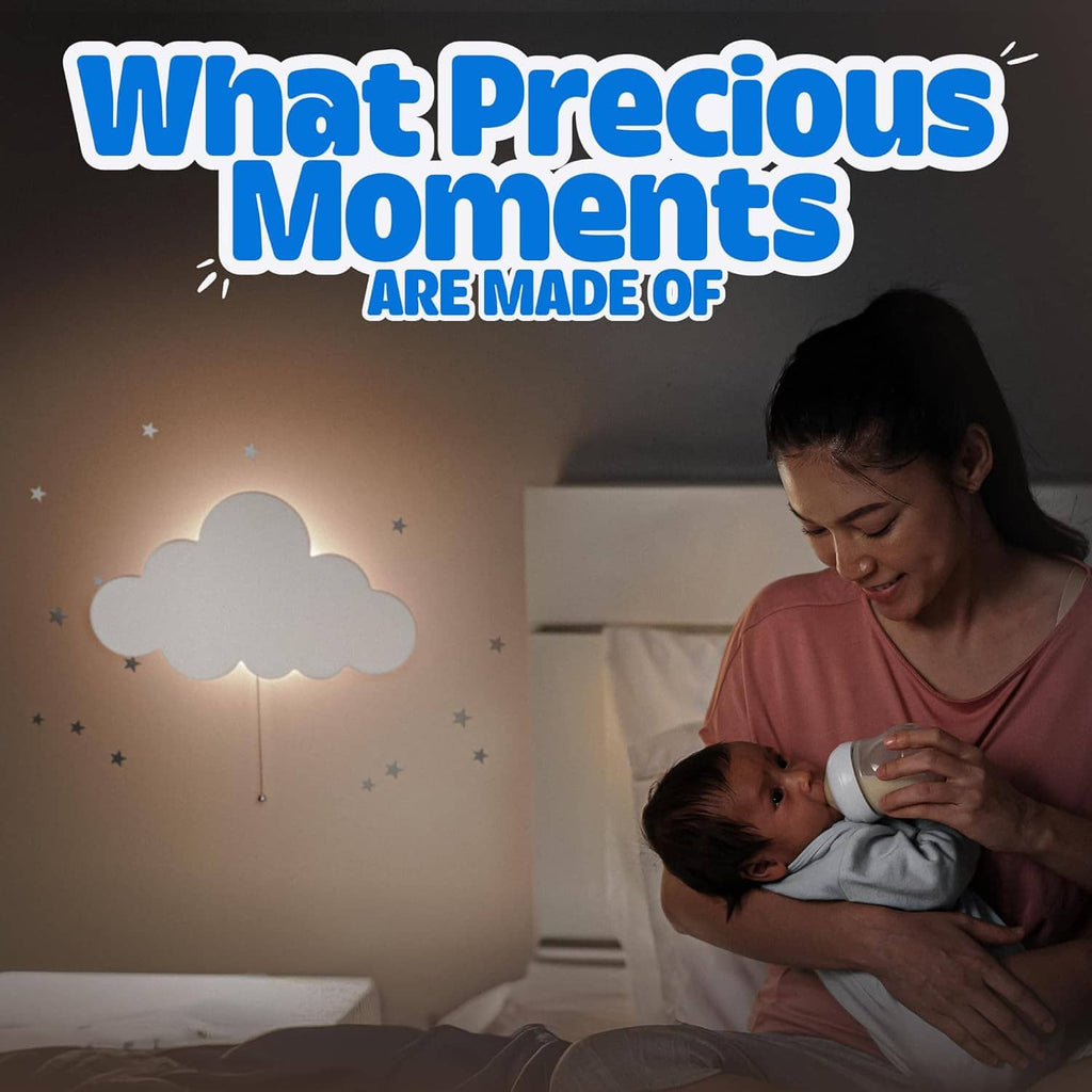 Wall-mounted white cloud night light casting warm light on nursery wall