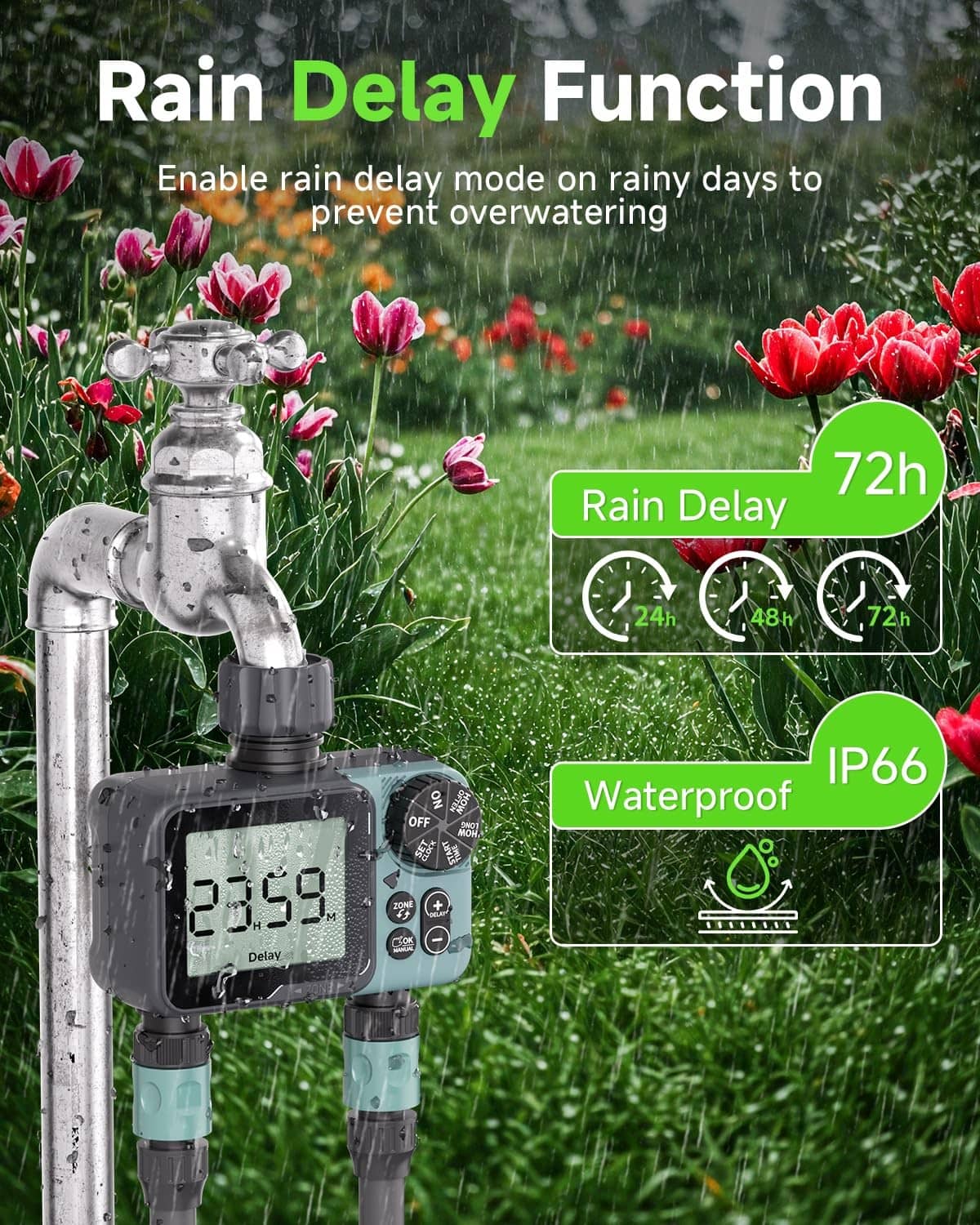 Green 2-zone sprinkler timer with rain-delay feature and weatherproof design