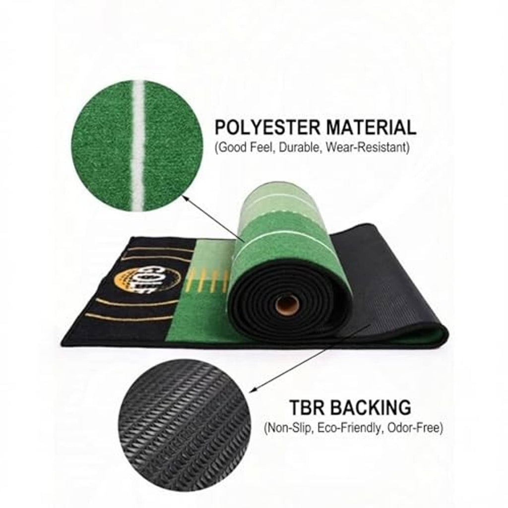 Green polyester putting mat with non-slip TBR backing layer shown