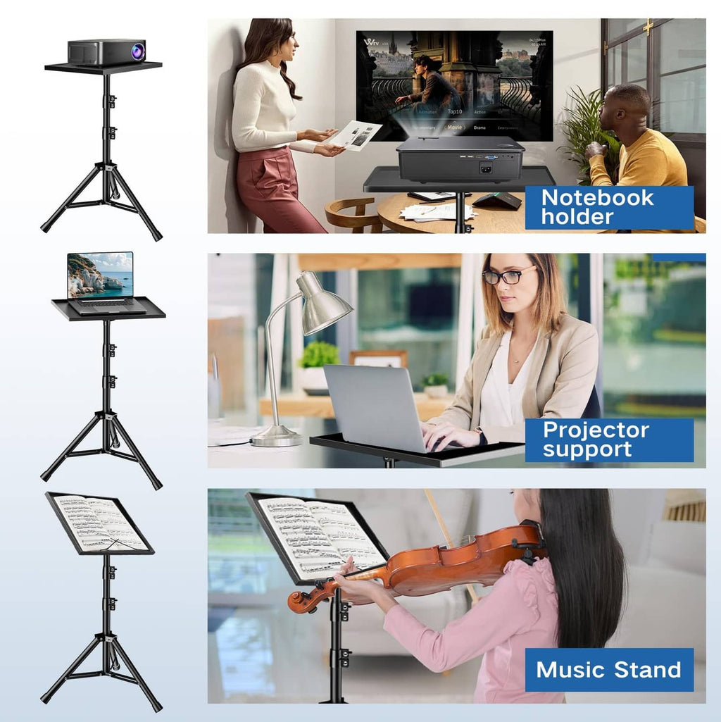 Black multi-use stand for projector support, notebook tray, and music stand
