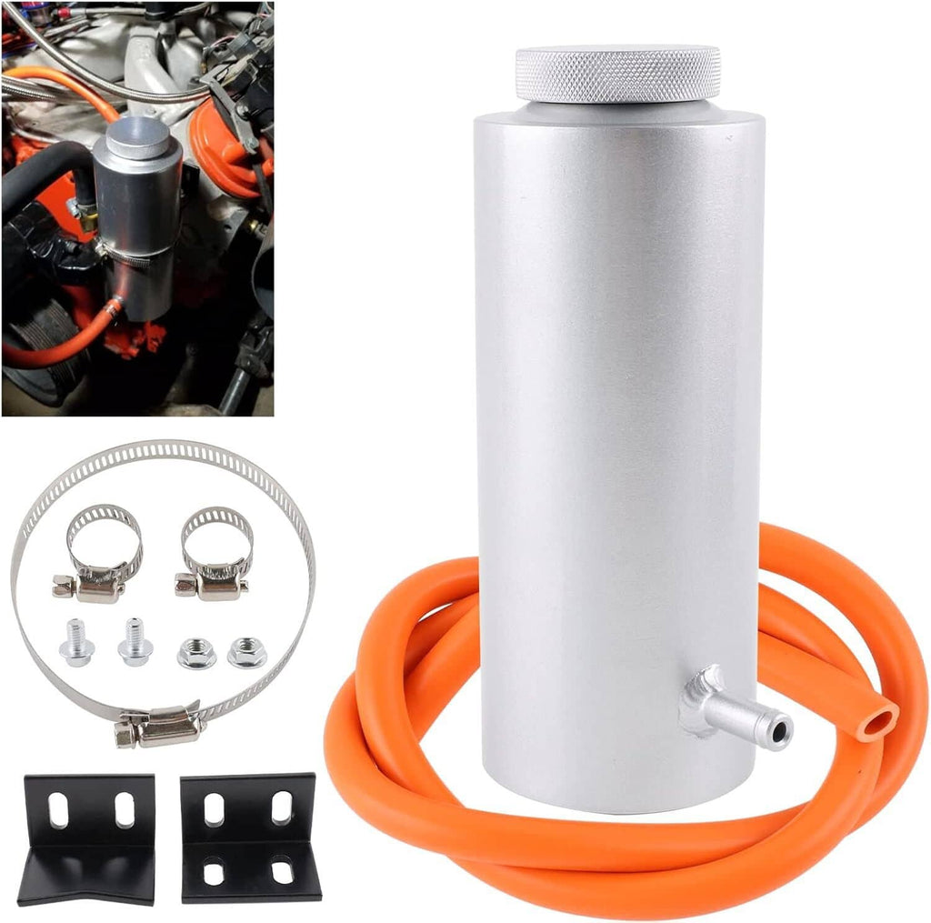 Aluminum coolant catch tank with cap and orange hose, plus mounting clamps and brackets