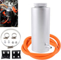Aluminum coolant catch tank with cap and orange hose, plus mounting clamps and brackets