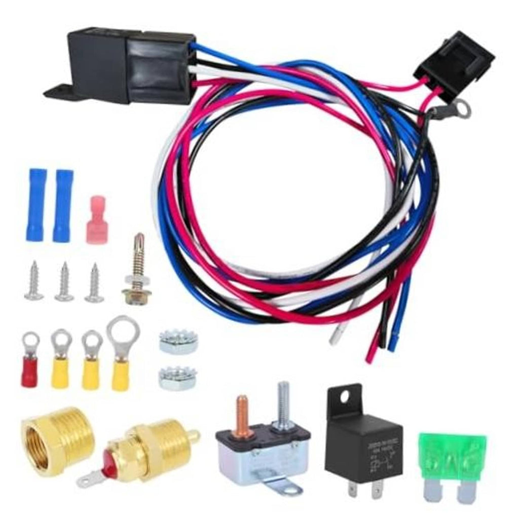 Electric fan relay kit with wiring harness, thermostat switch and brass connectors