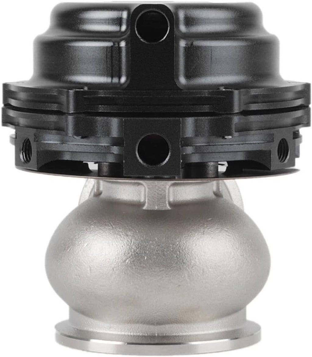 External turbo wastegate with black spring housing and silver inlet/outlet body