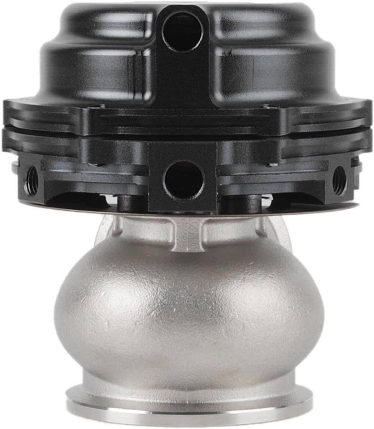 External turbo wastegate with black spring housing and silver inlet/outlet body