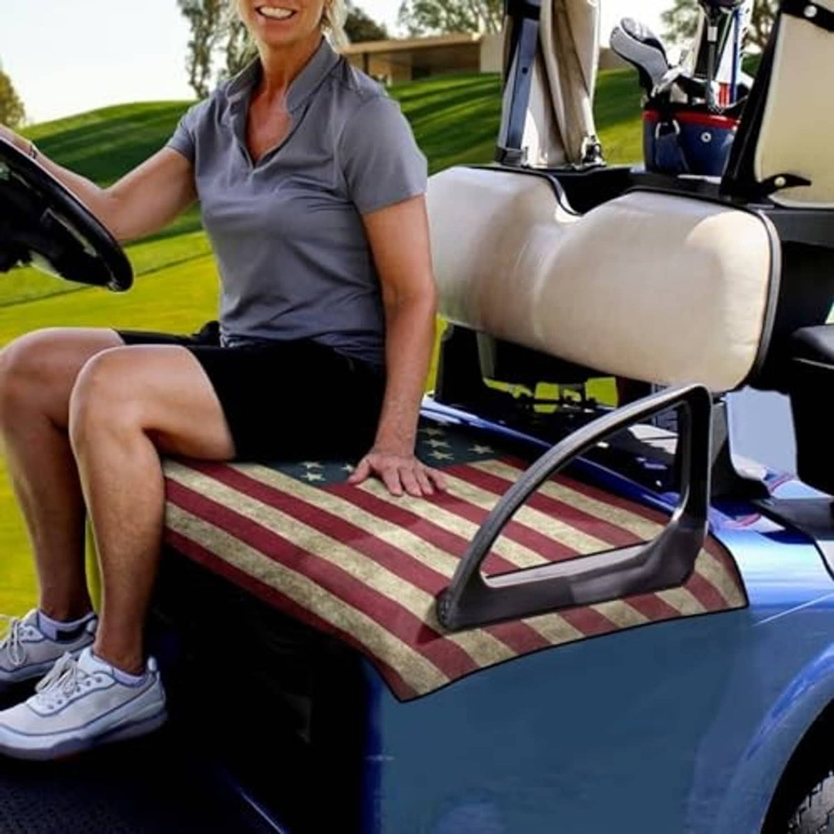 Golf cart seat cover towel with American flag stripes and stars on front seat